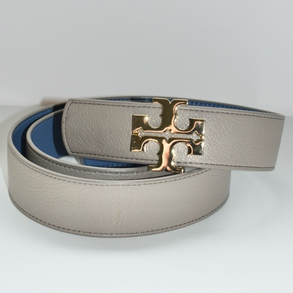 TORY BURCH Gray Leather Belt with Gold Buckle